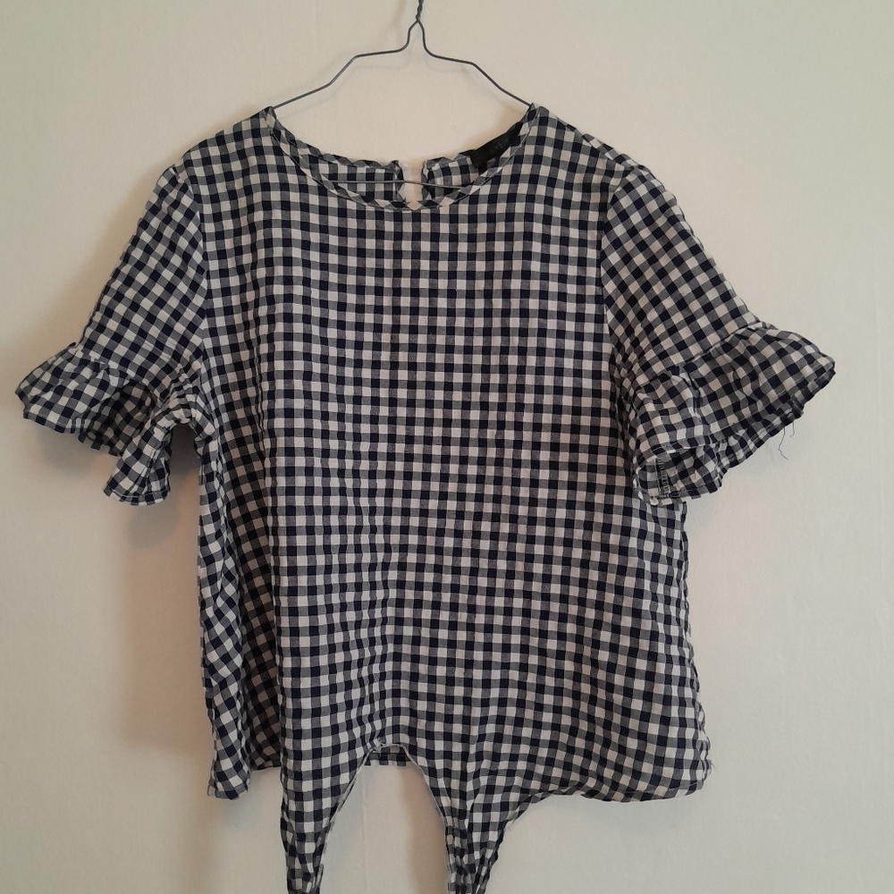 Women's Blue and White Checkered Top Gingham Shirt Blouse